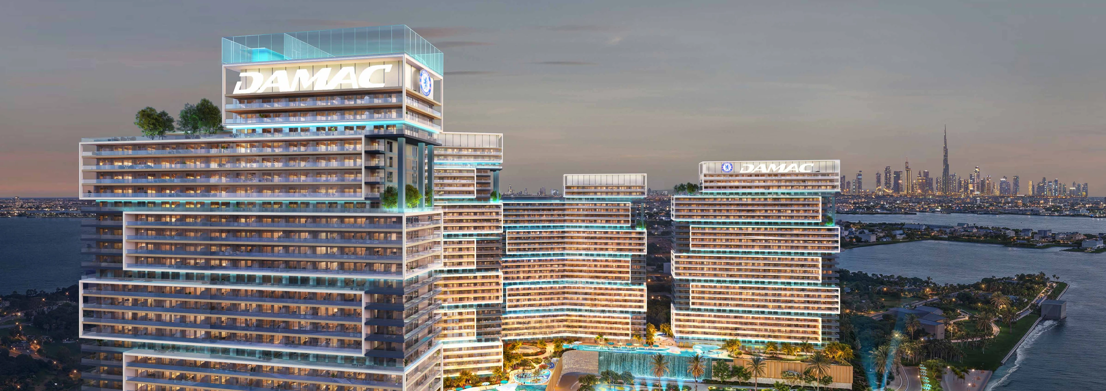 Chelsea Residences towers and landscaped waterfront at Dubai Maritime City, developer visualisation