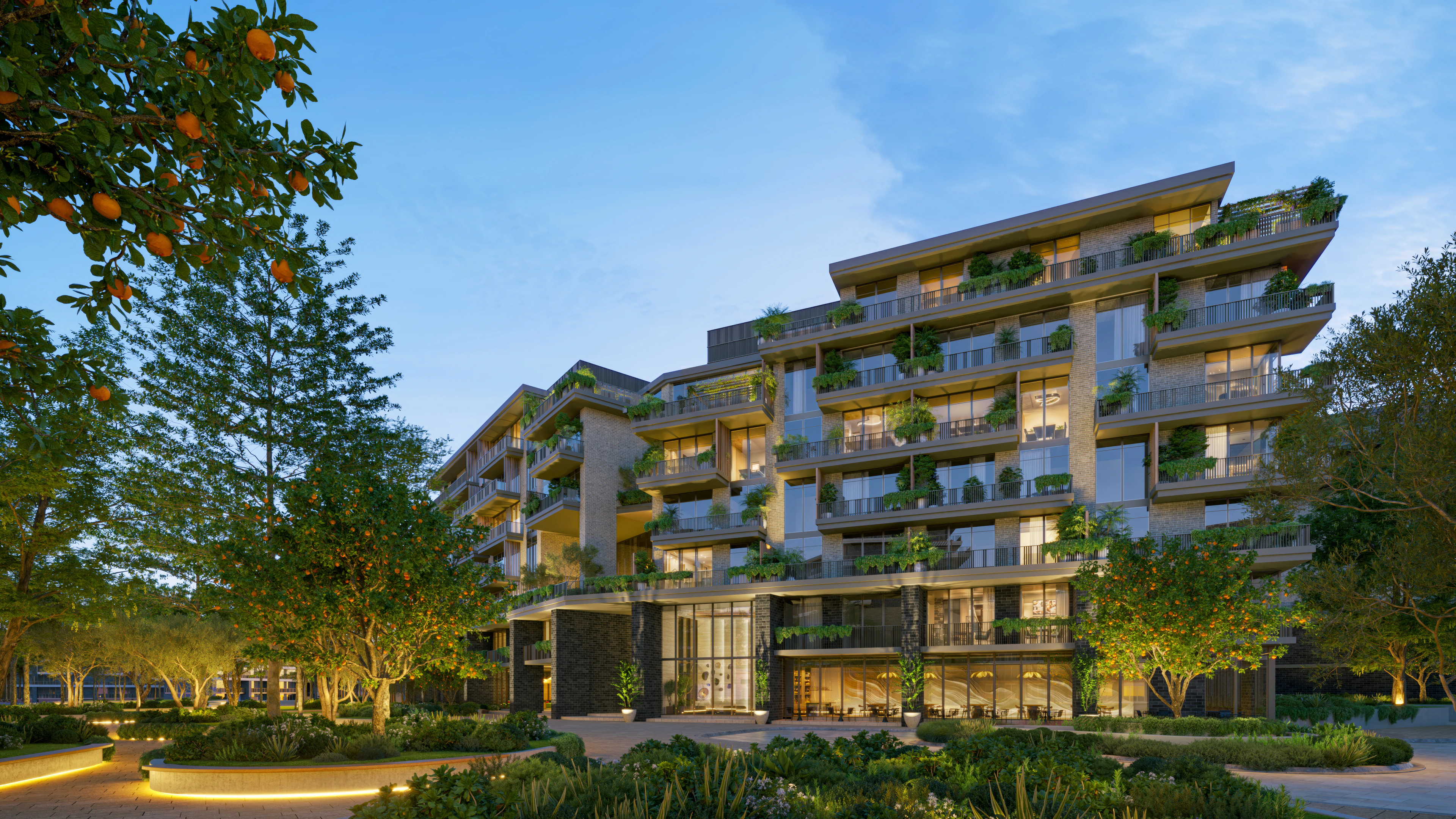 Arancia's stepped residential buildings and planted grounds at The Yards