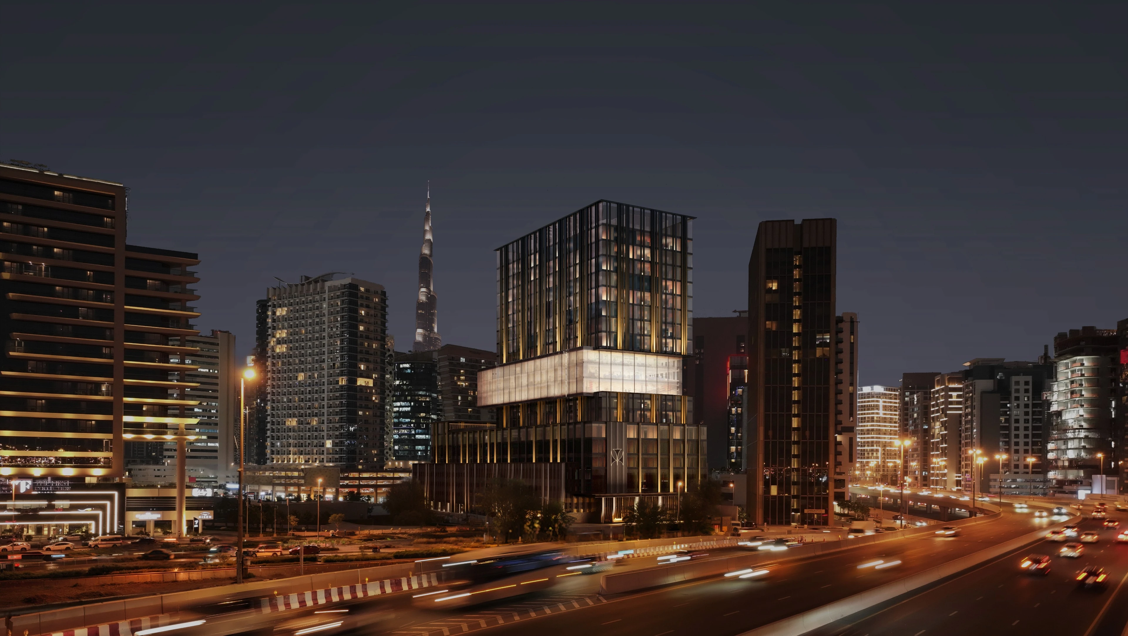 Developer visualisation of Haus of Tenet offices and surrounding Business Bay buildings at dusk
